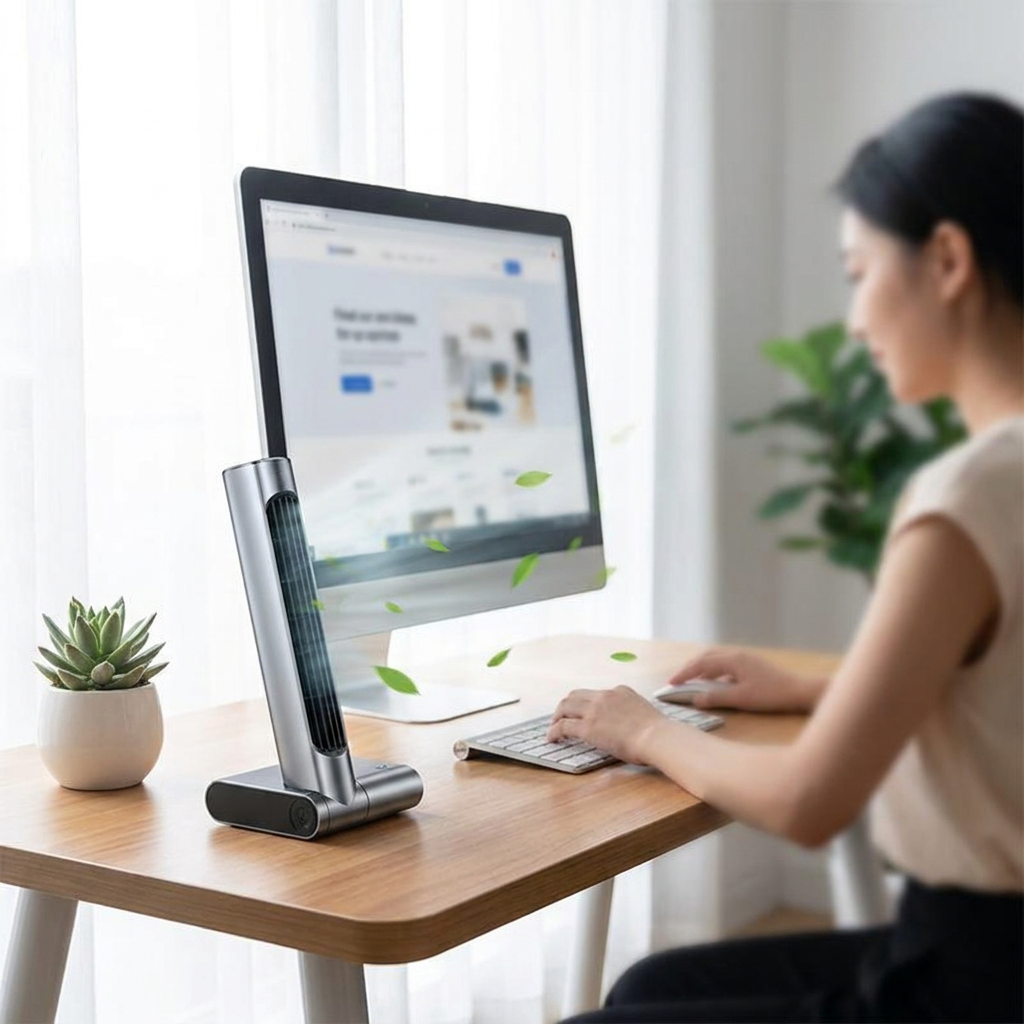 USB bladeless desktop air conditioner fan on a modern desk